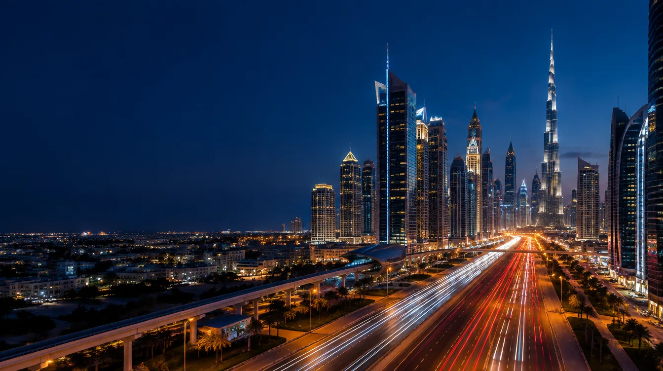 Sheikh Zayed Road at dusk with the Burj Khalifa and Dubai skyline